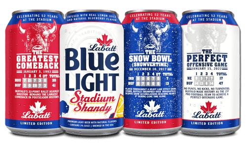 The different styles of the Labatt Stadium Shandy collectable cans